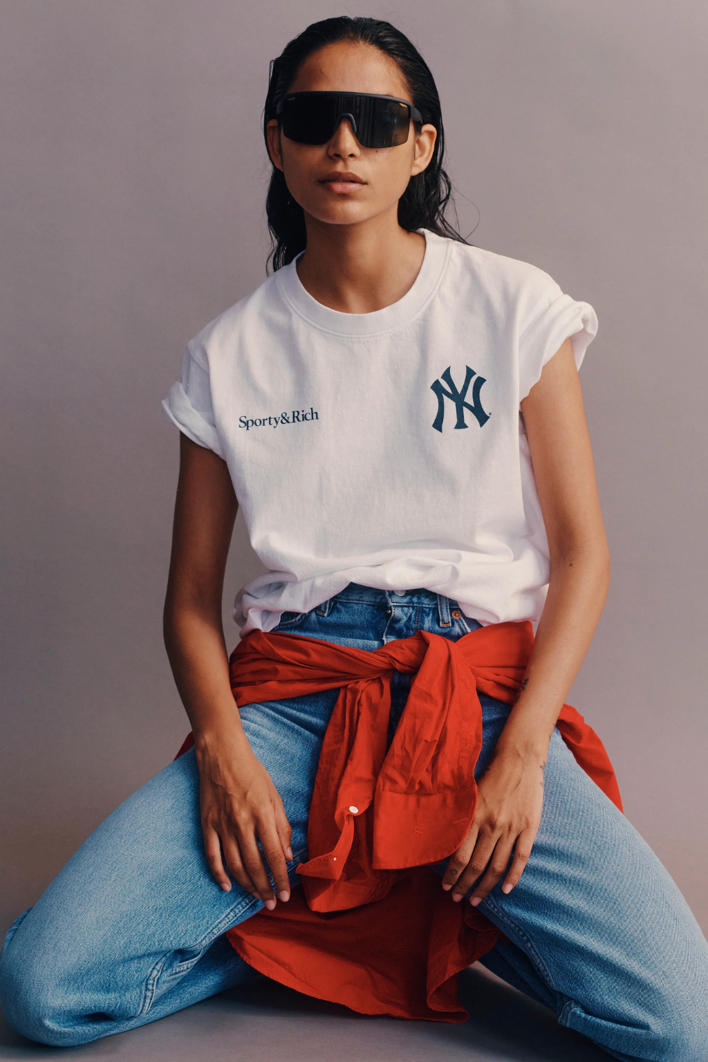 Sporty &amp; Rich Yankees Arch Tshirt White/Dark Navy