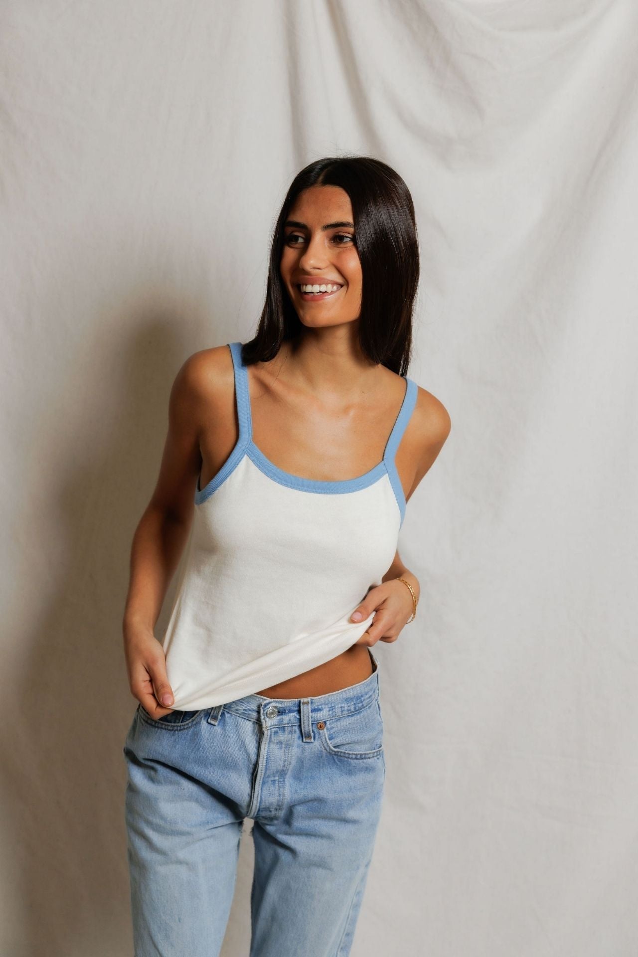 Perfectwhitetee Cherry Cotton Ringer Tank Pacific Blue