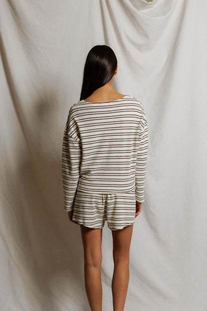 Perfect White Tee Loop Terry Stripe Long Sleeve Top - Natural/Chocolate Stripe