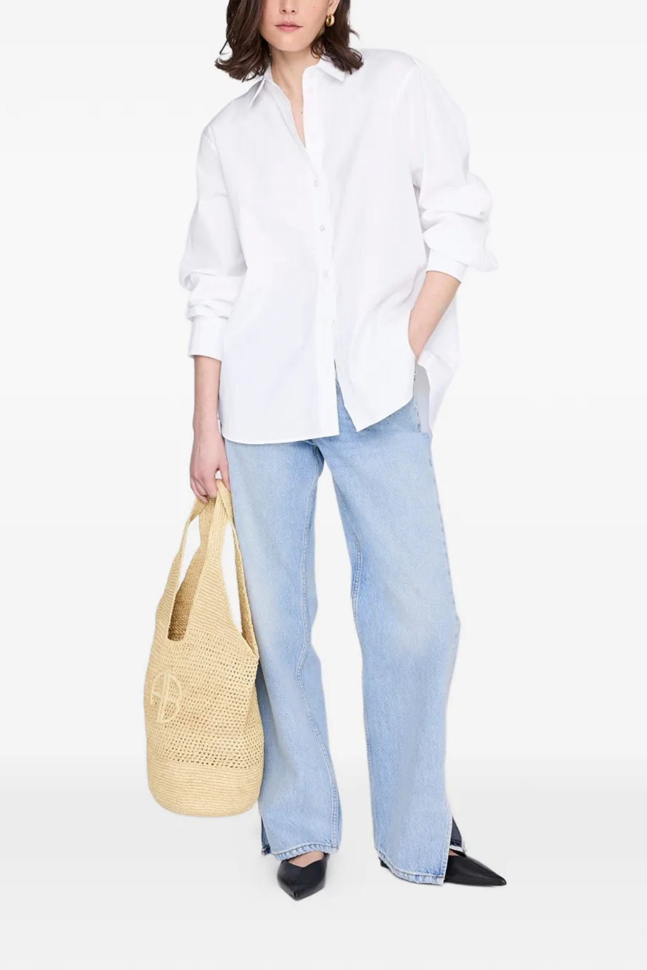 Anine Bing Leah Logo Hobo Tote Raphia Natural