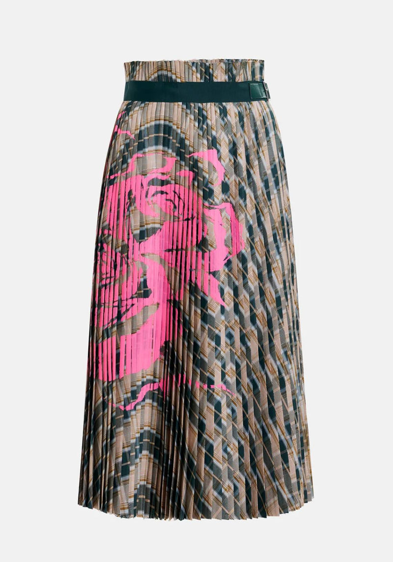 BEIGE AND DARK GREEN CHECKED PLEATED SKIRT WITH FLORAL PRINT