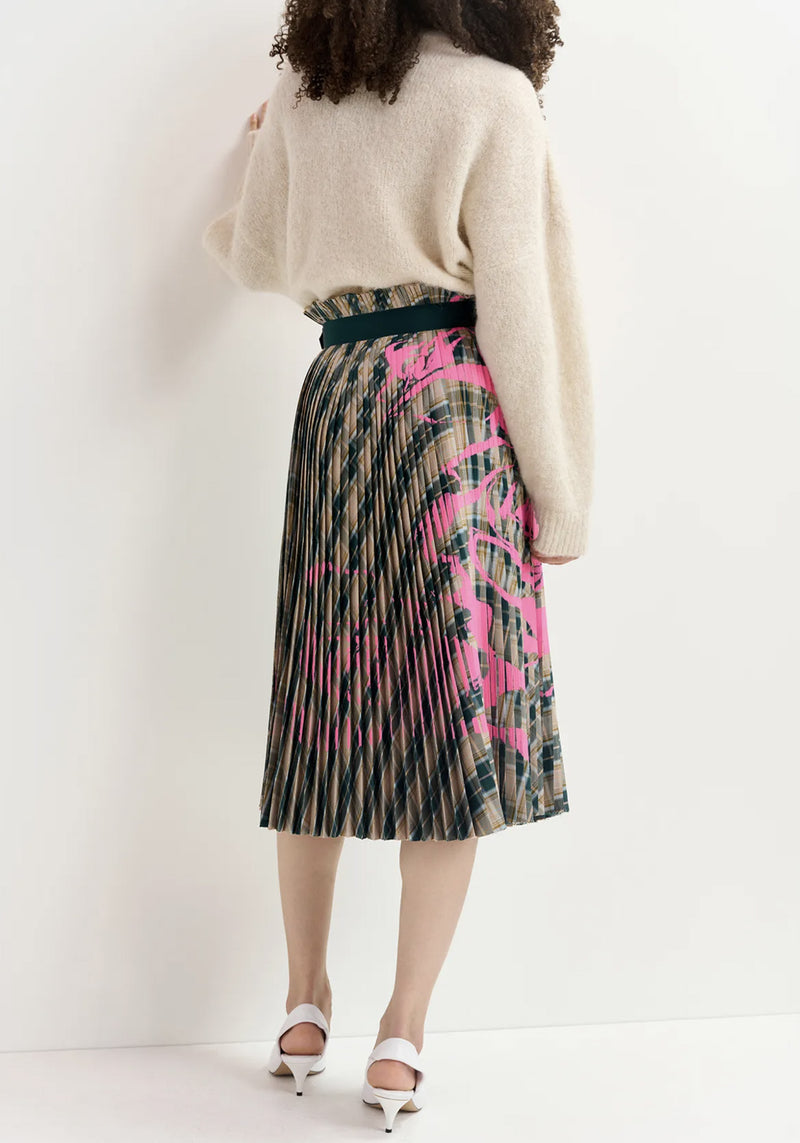 BEIGE AND DARK GREEN CHECKED PLEATED SKIRT WITH FLORAL PRINT