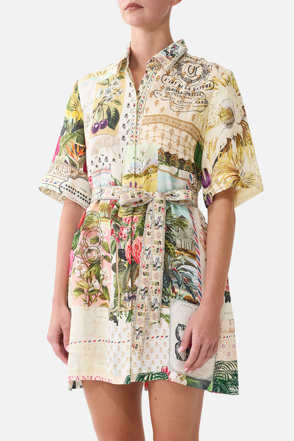 CAMILLA Short Shirt Dress in La Belle Botanique print, detail on model