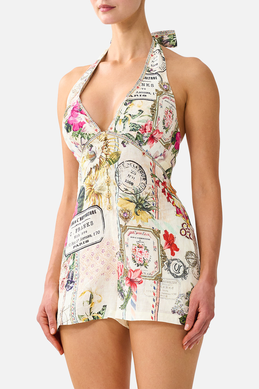 CAMILLA Button Front Halter Playsuit in La Belle Botanique print, detail on model