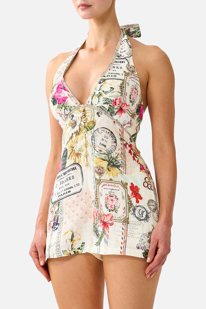 CAMILLA Button Front Halter Playsuit in La Belle Botanique print, detail on model