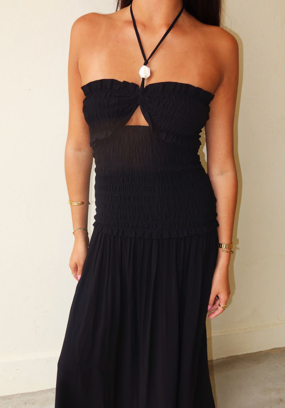 RESIN SHIRRED MAXI DRESS BLACK