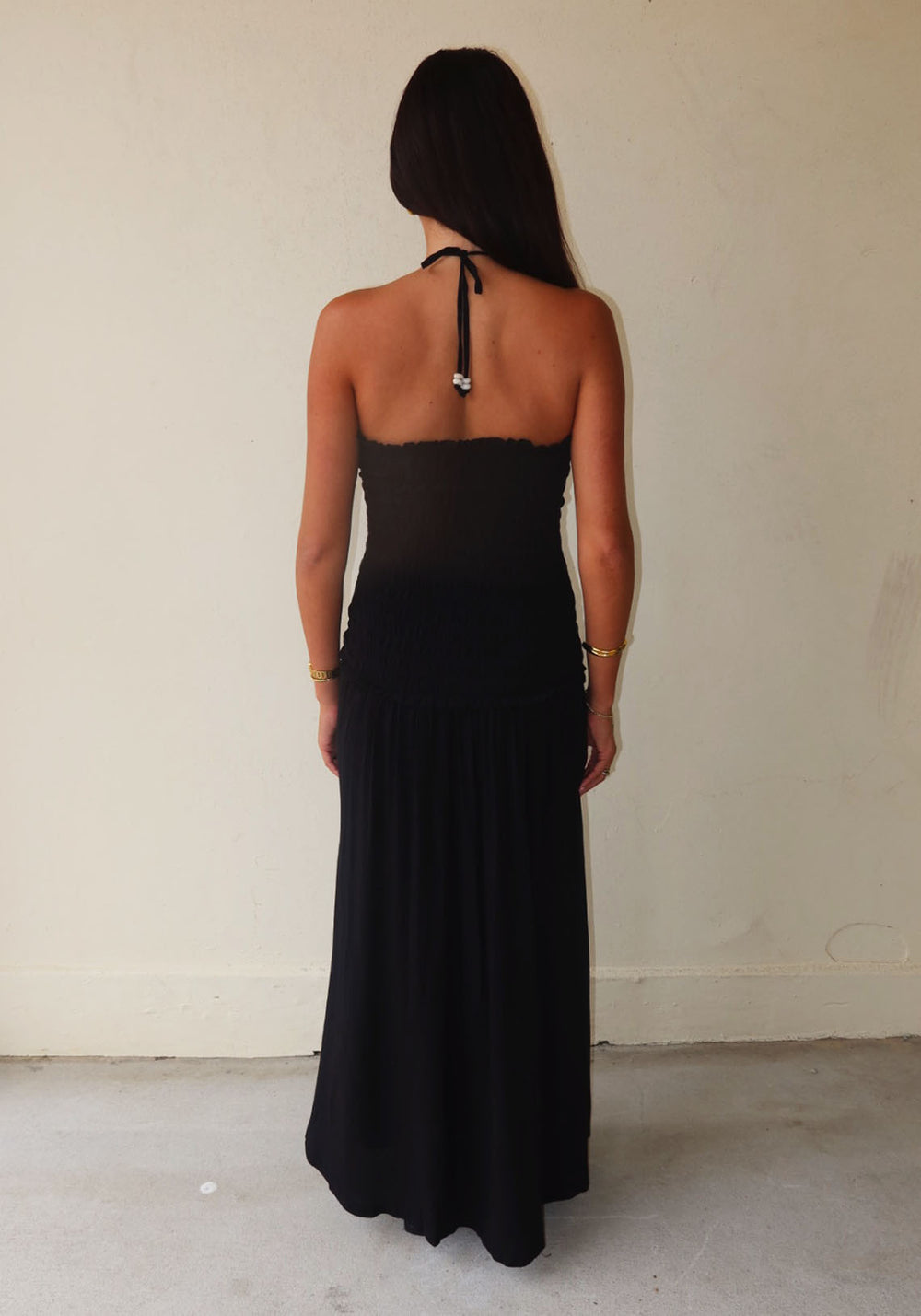 RESIN SHIRRED MAXI DRESS BLACK