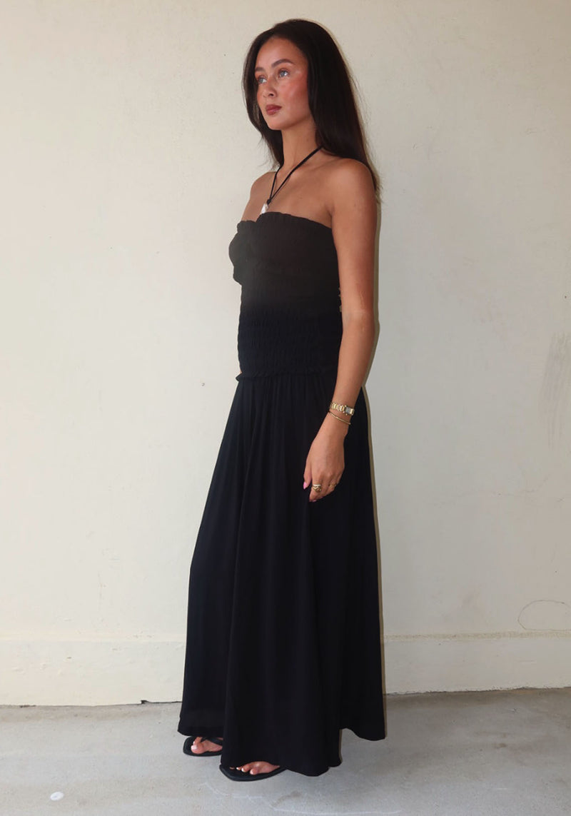 RESIN SHIRRED MAXI DRESS BLACK