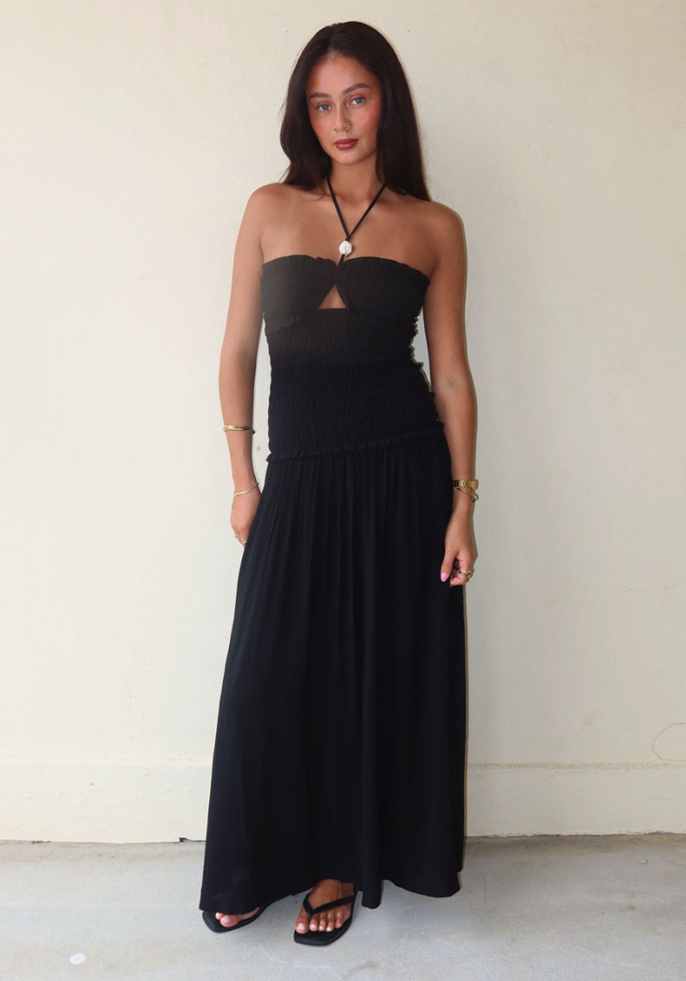 RESIN SHIRRED MAXI DRESS BLACK