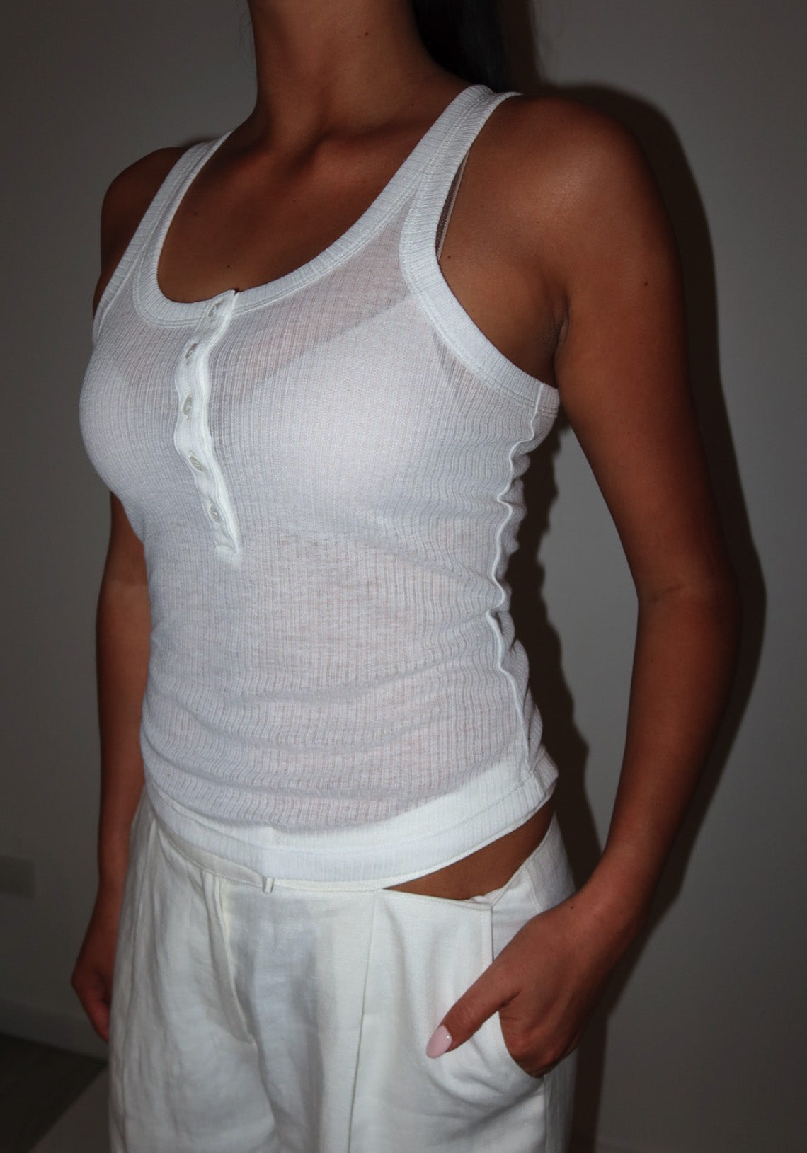 Fine Henley Scoop Tank White