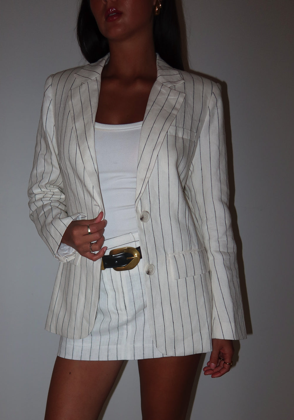 PINSTRIPE LINEN BLAZER WHITE