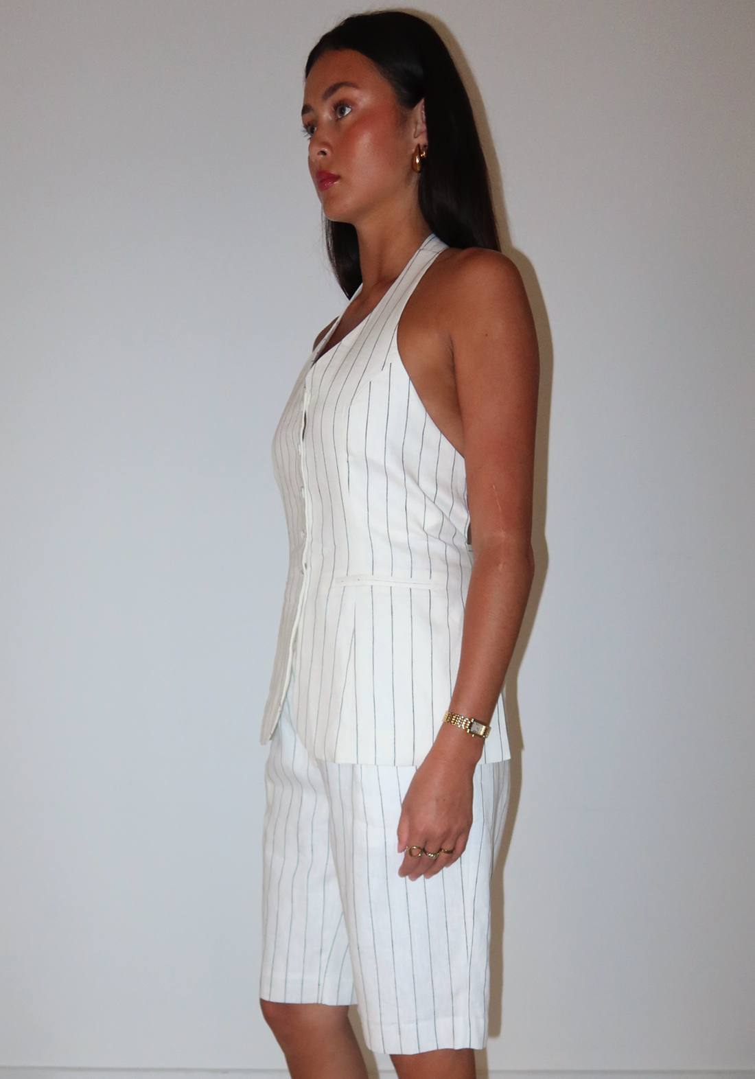 Pinstripe Linen Vest White