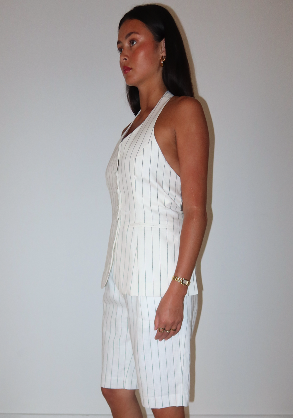 PINSTRIPE LINEN VEST WHITE