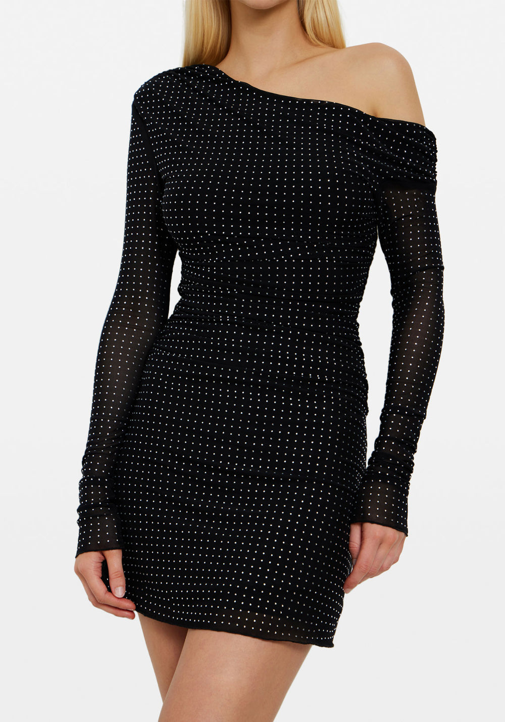 ASYMM MESH LS MINI DRESS BLACK CRYSTAL