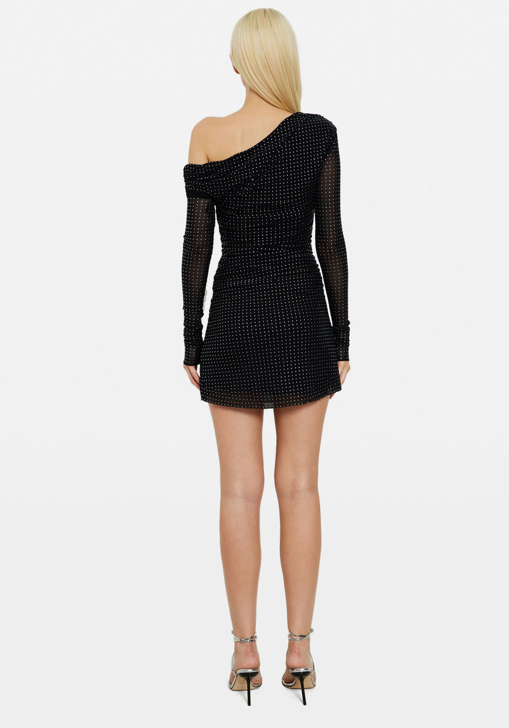 ASYMM MESH LS MINI DRESS BLACK CRYSTAL