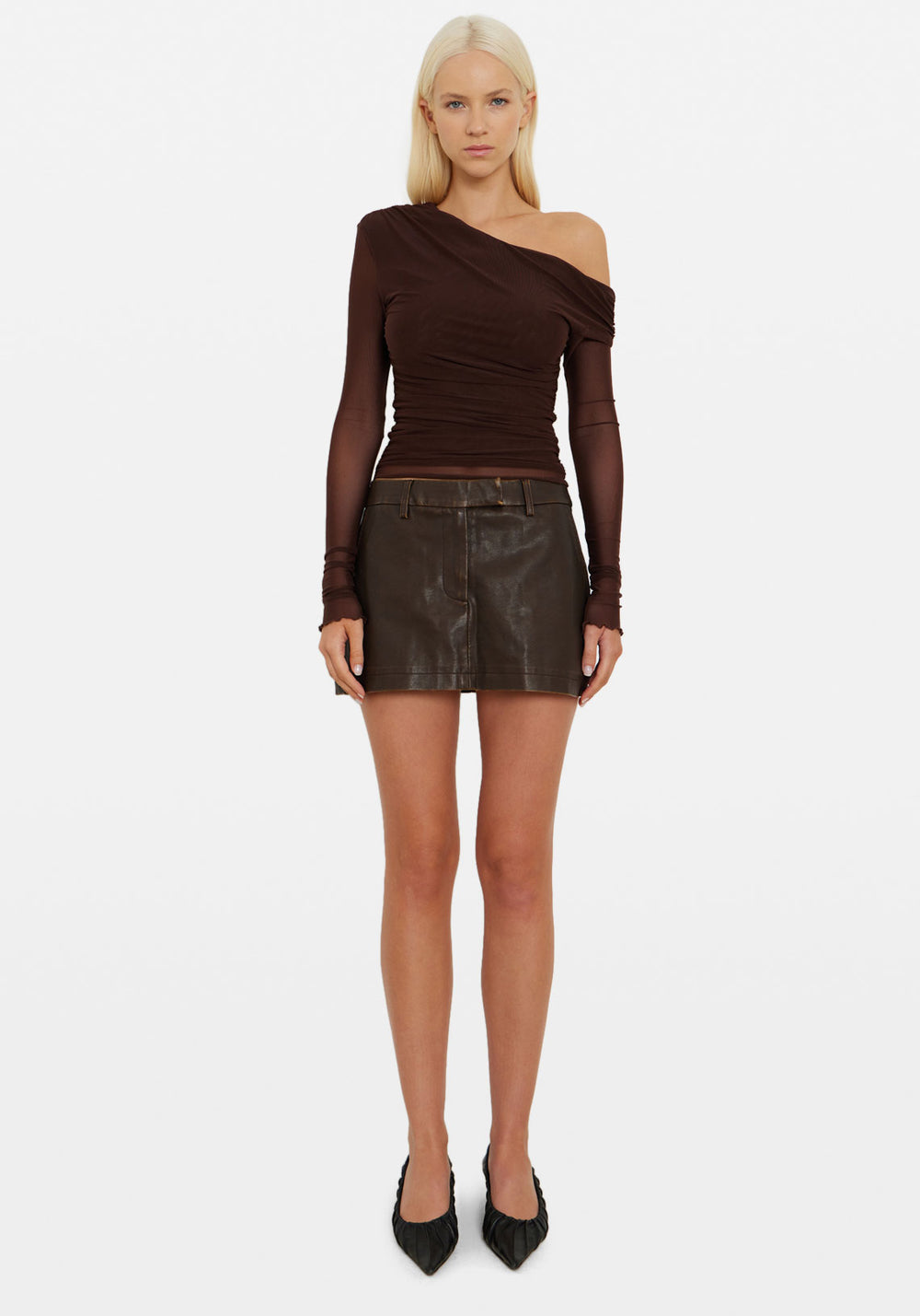 ASYMMETRIC MESH LS TOP COFFEE