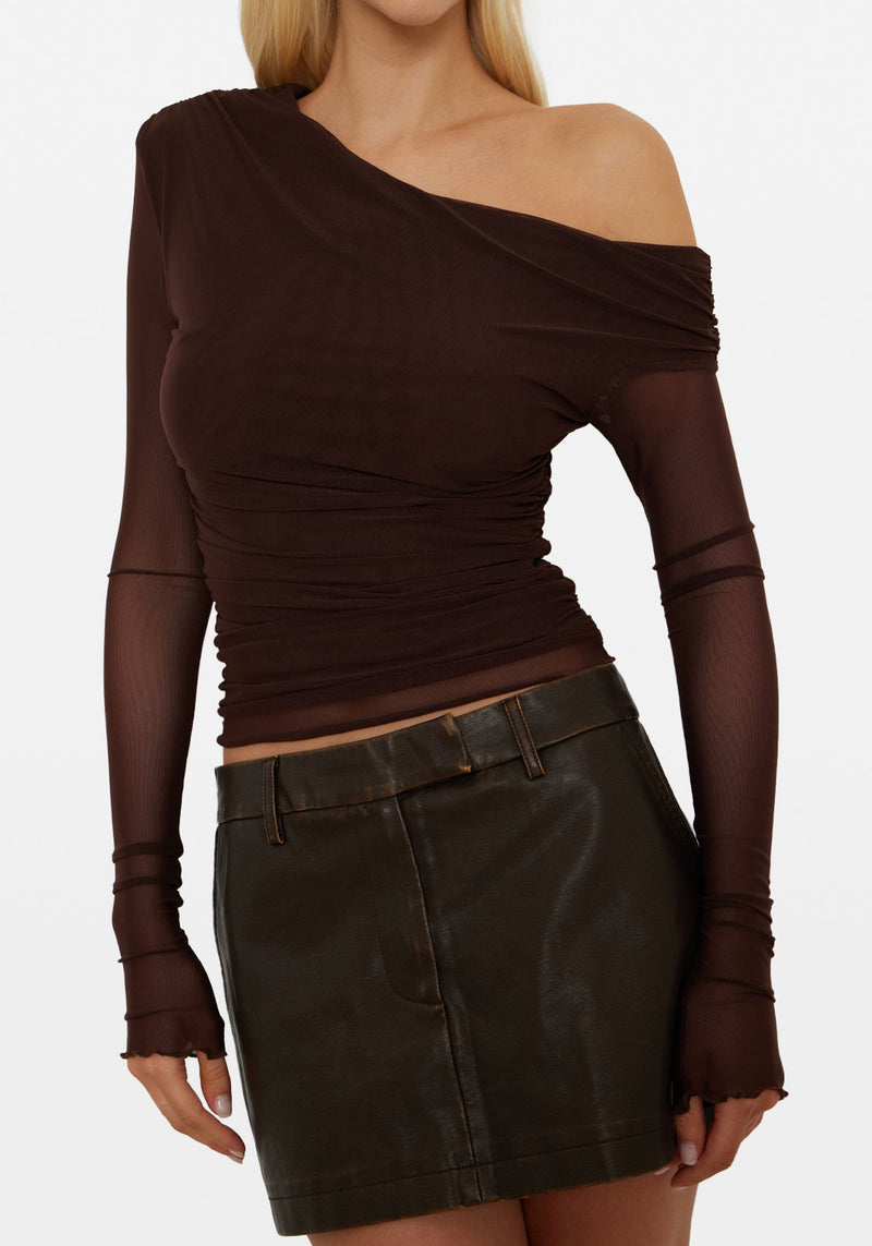 ASYMMETRIC MESH LS TOP COFFEE