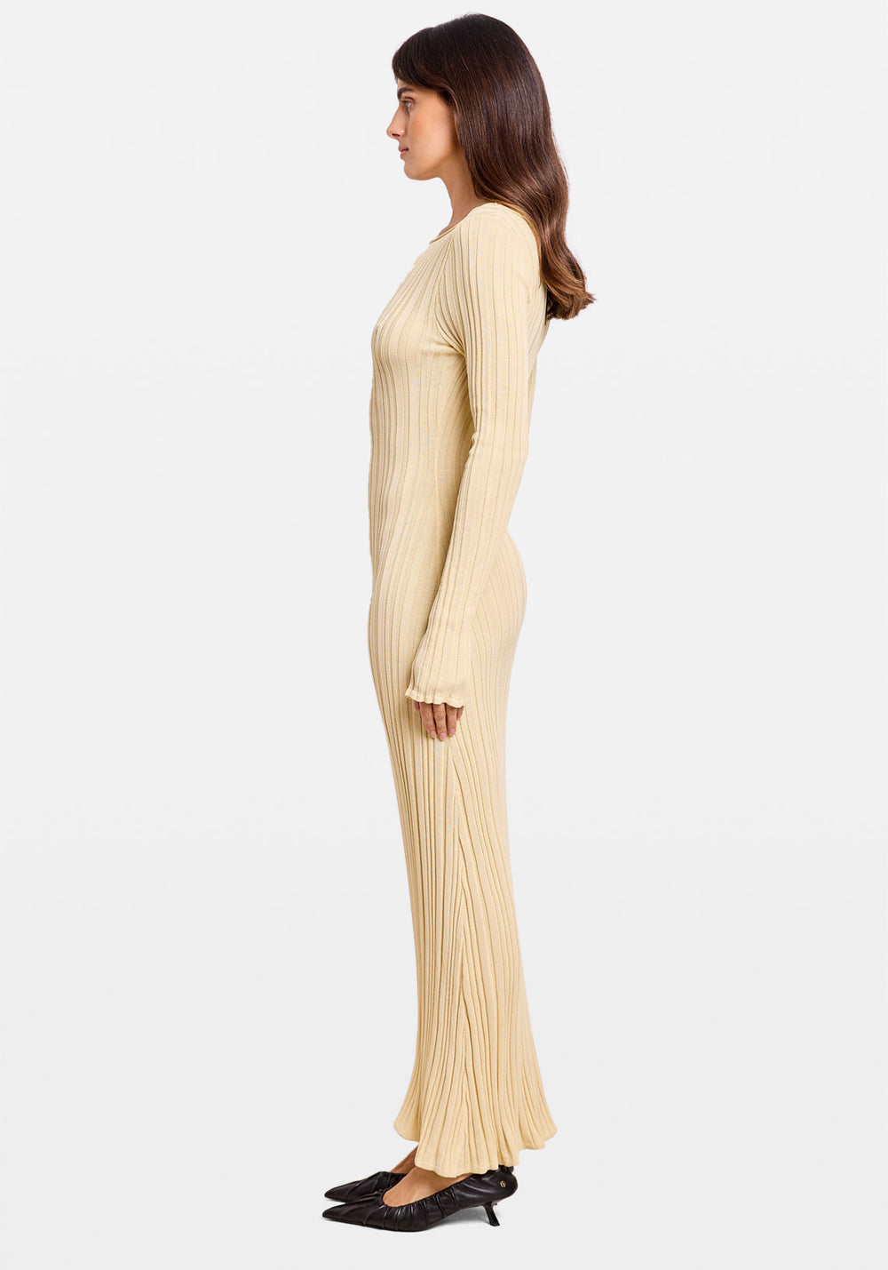 IRREGULAR RIB KNIT LS MIDI DRESS BUTTER