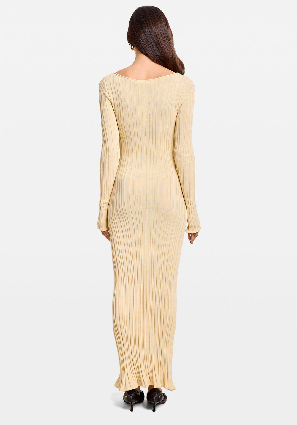 IRREGULAR RIB KNIT LS MIDI DRESS BUTTER