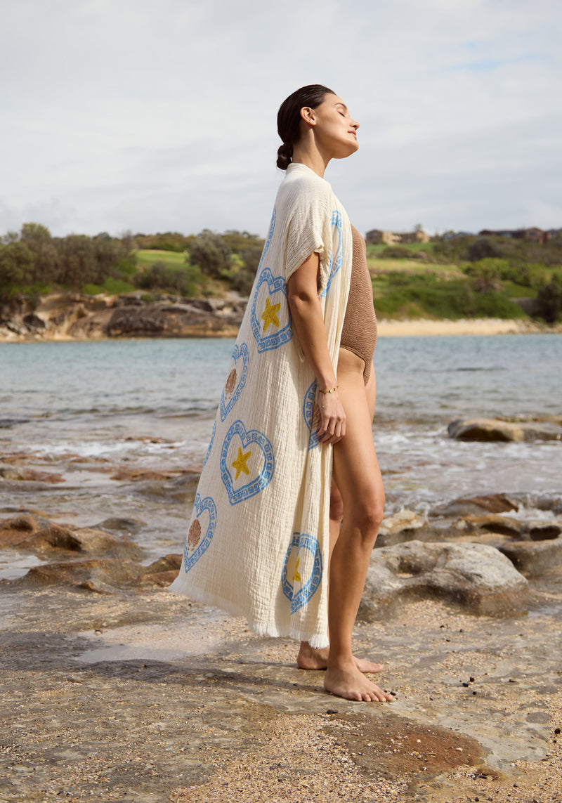 LONG ROBE NATURAL LIGHT BLUE HEART/SEA STAR