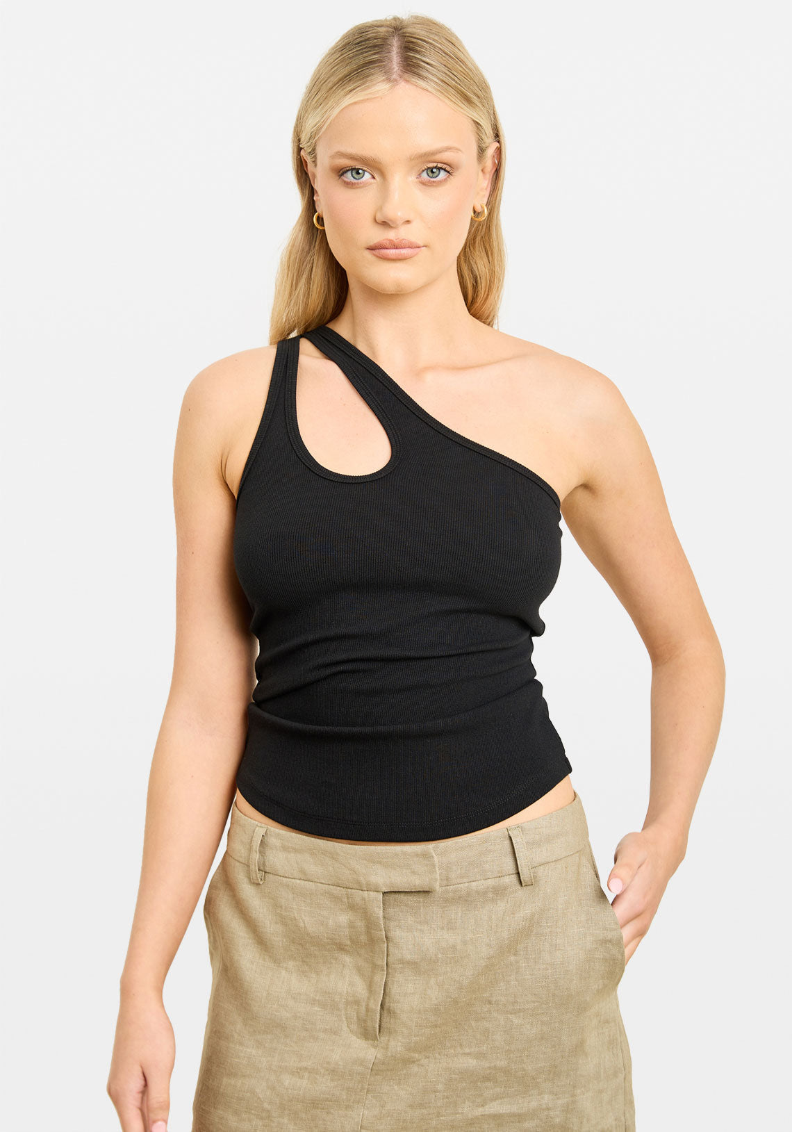 One Shoulder Key Hole Tank Black