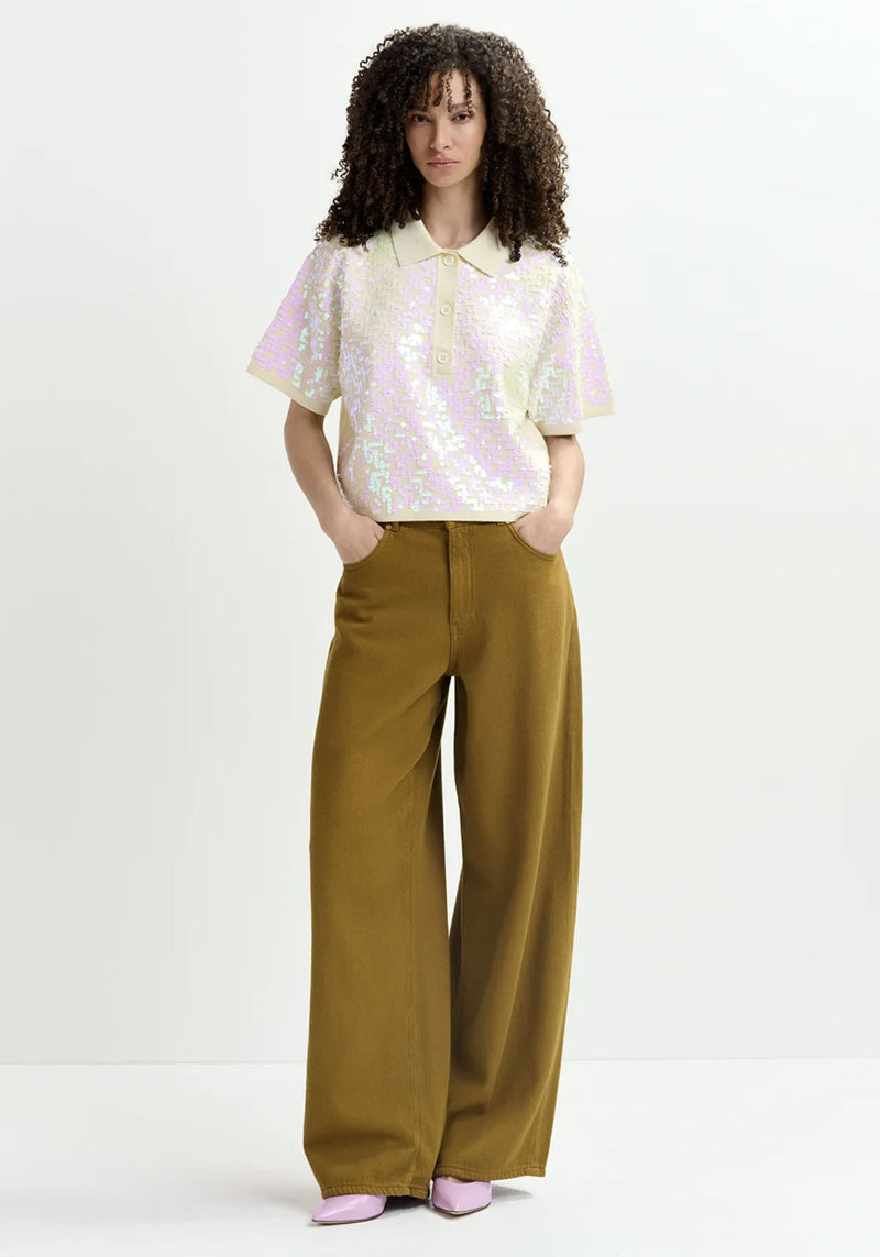 ECRU SEQUIN EMBELLISHED POLO TOP