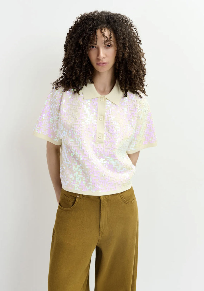 ECRU SEQUIN EMBELLISHED POLO TOP