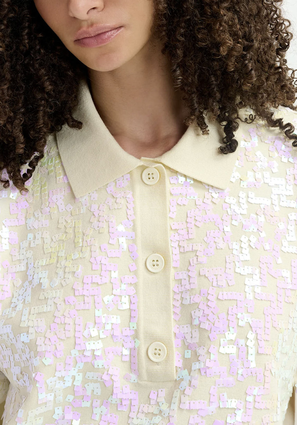 ECRU SEQUIN EMBELLISHED POLO TOP