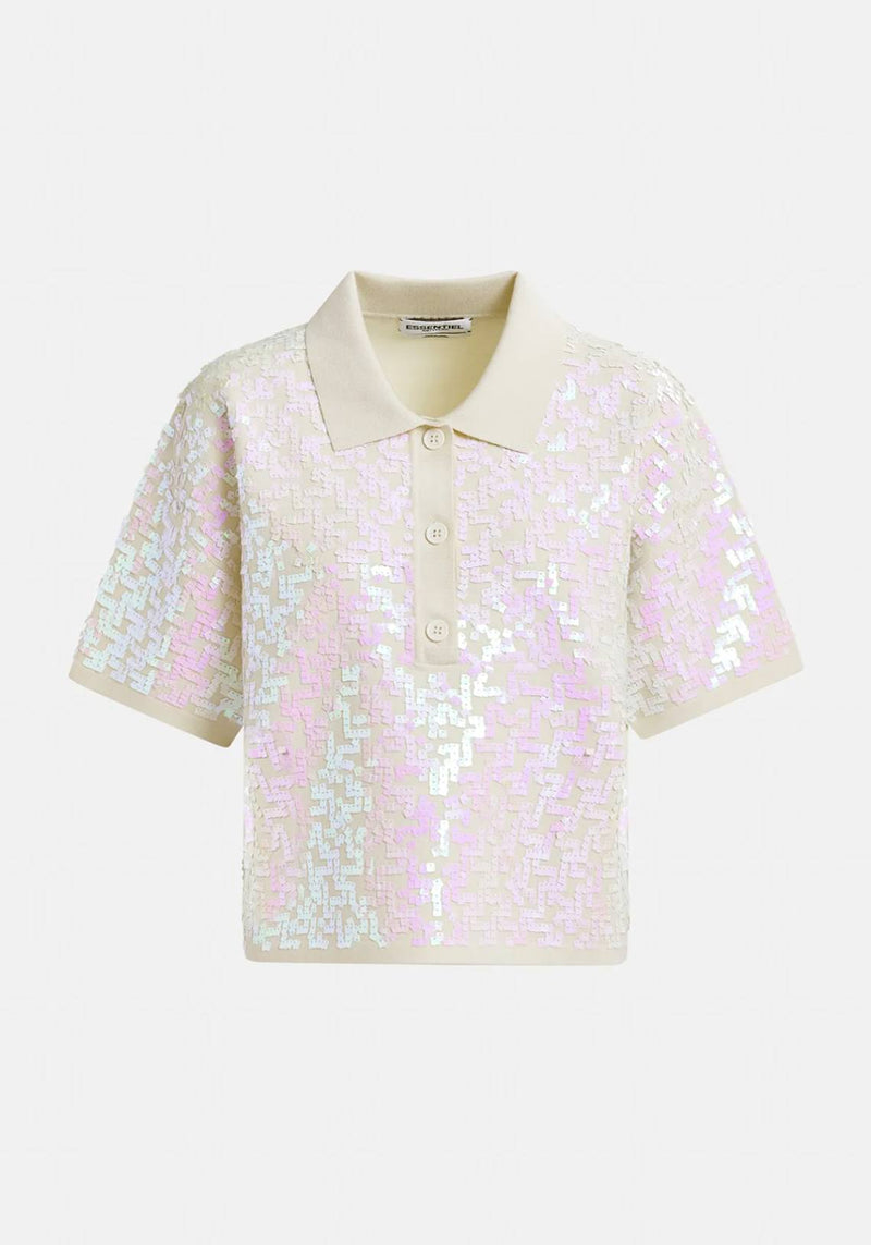 ECRU SEQUIN EMBELLISHED POLO TOP