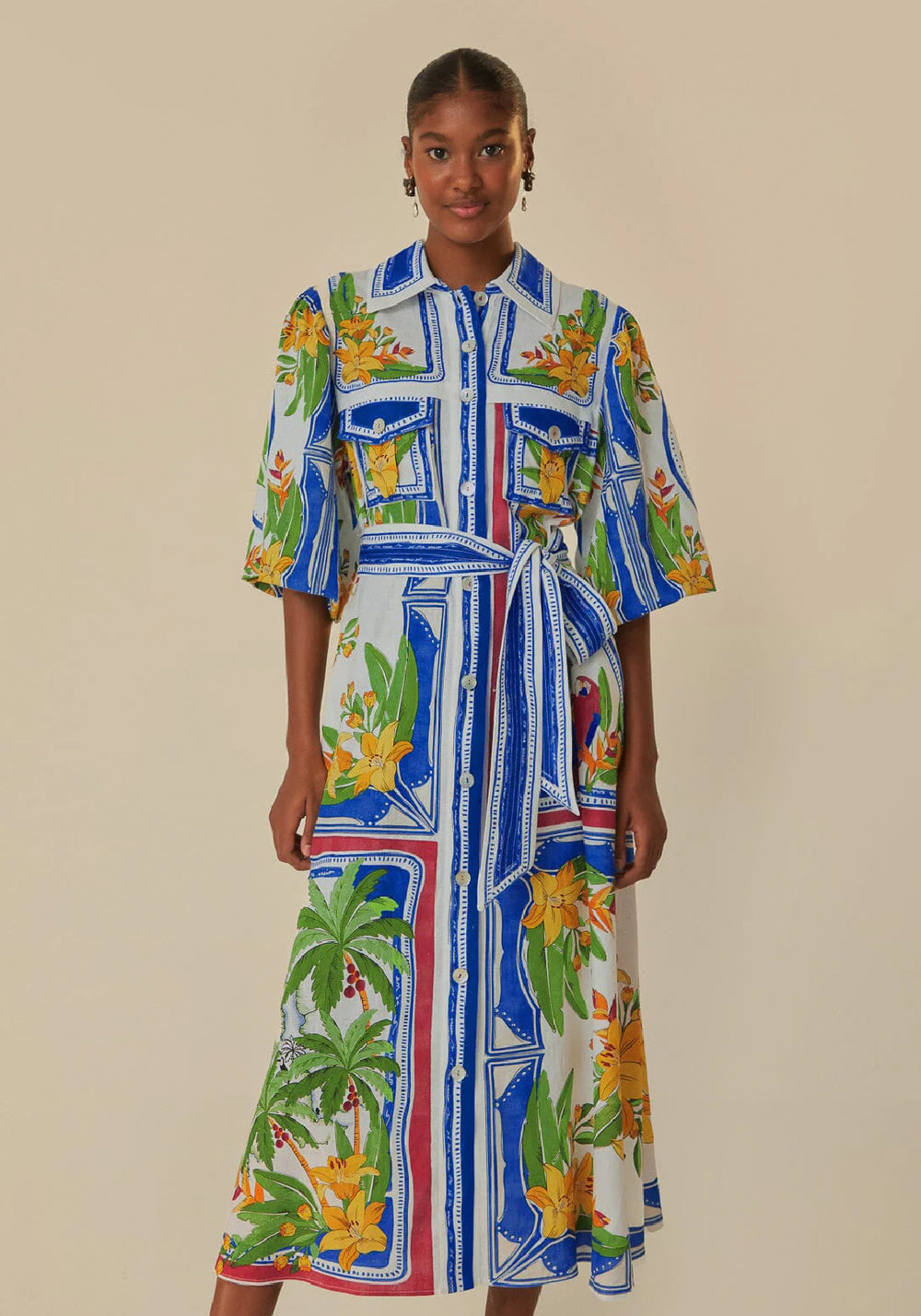 TROPICAL DESTINATION OFF-WHITE MIDI DRESS