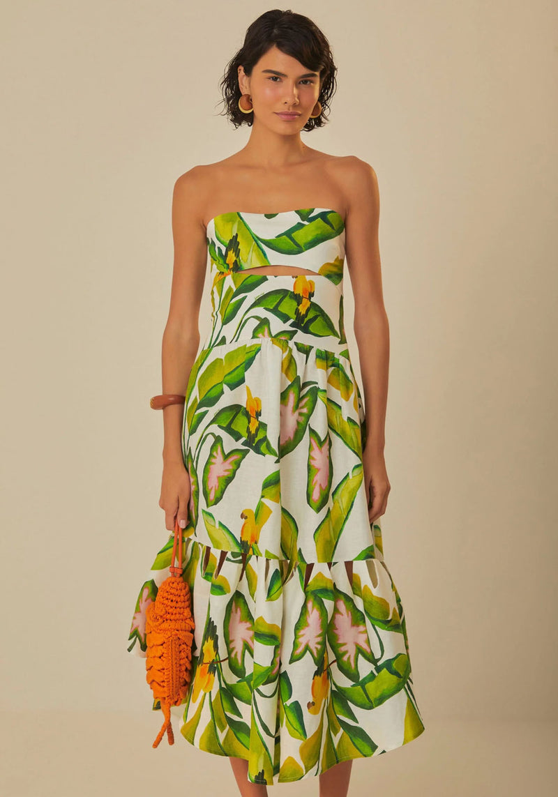 SUMMER FOLIAGE OFF WHITE STRAPLESS MIDI DRESS