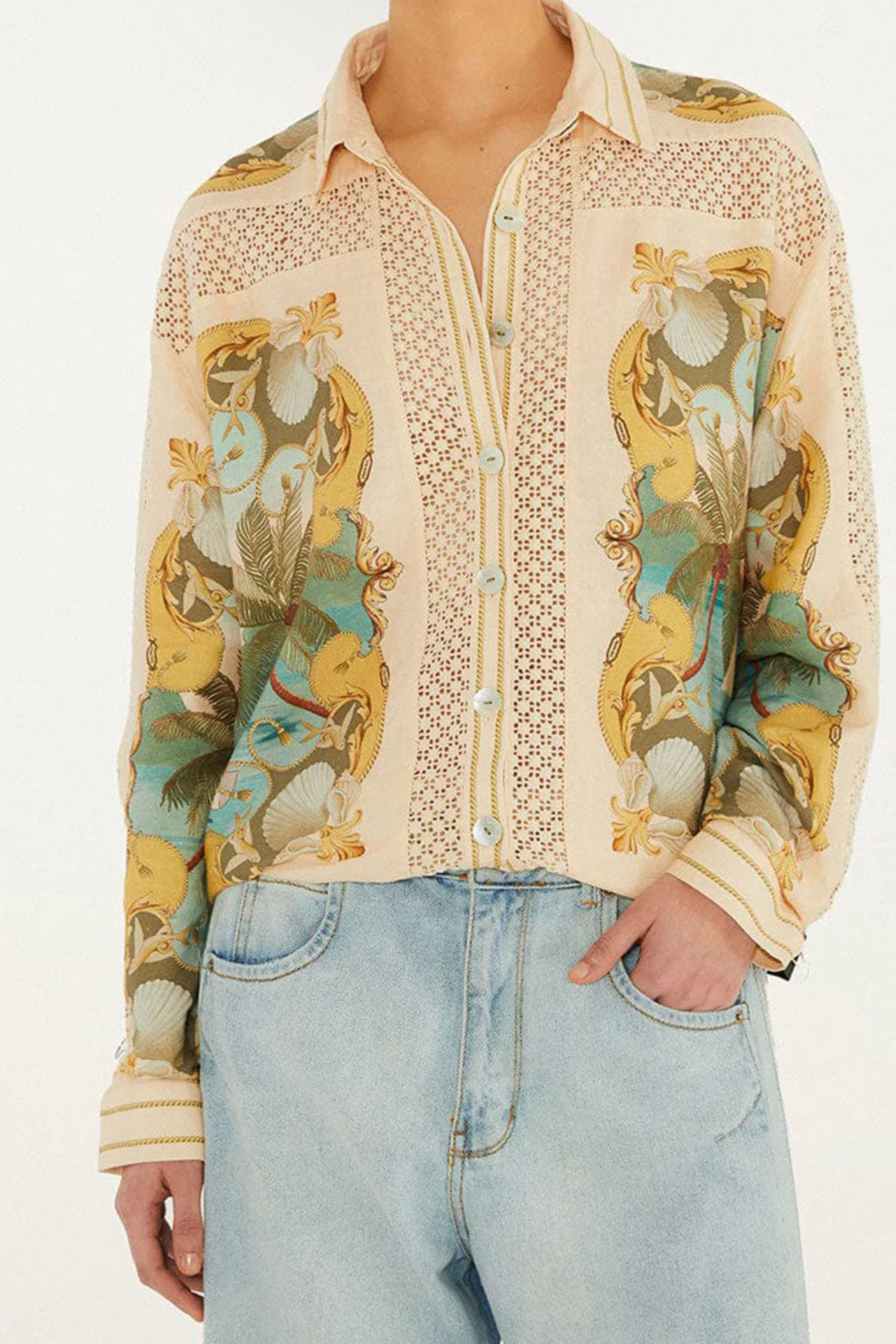 Royal Sea Multicolor Crochet Detail Shirt