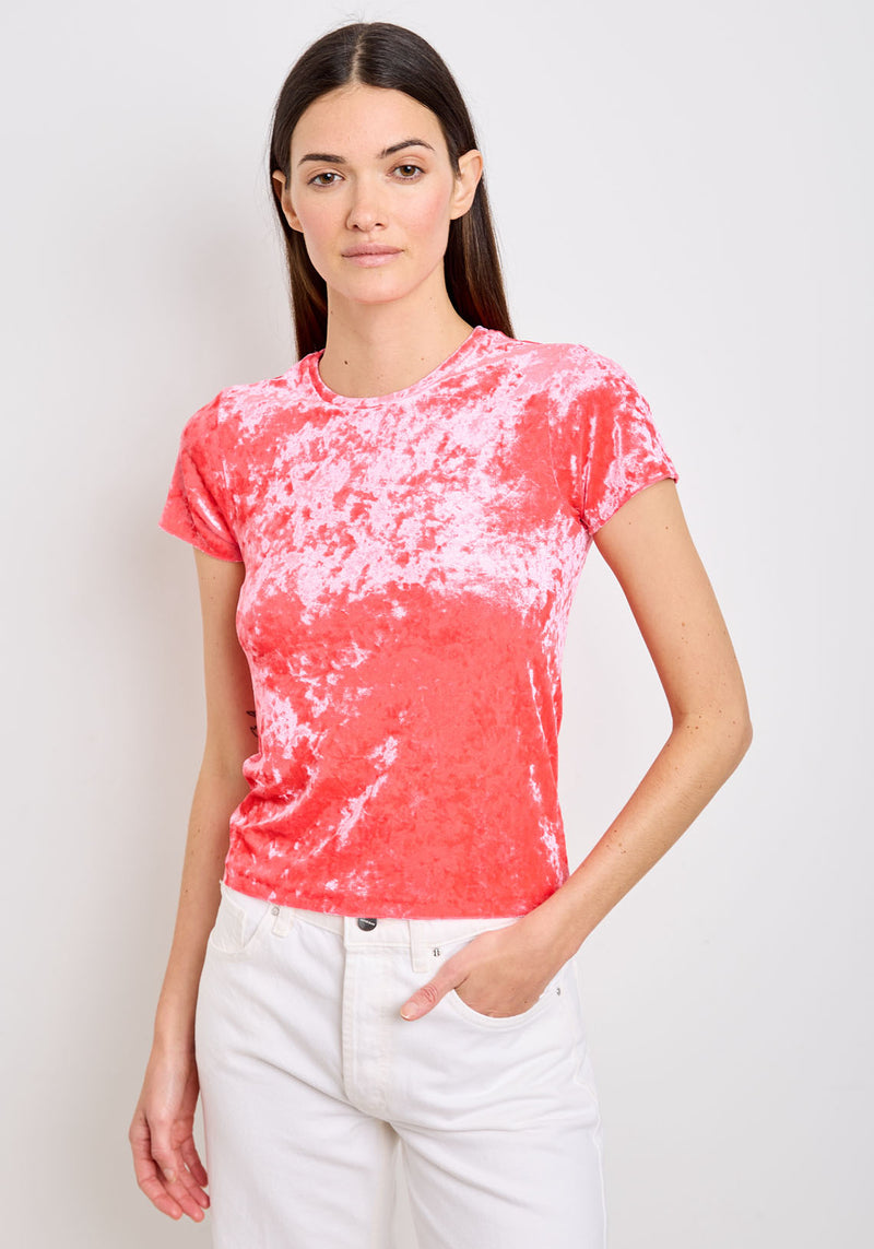 IRIDESCENT STRETCH VELVET T-SHIRT CERISE