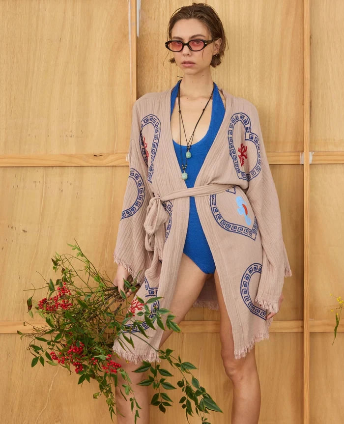 Tan Midi Robe Coral &amp; Seahorse