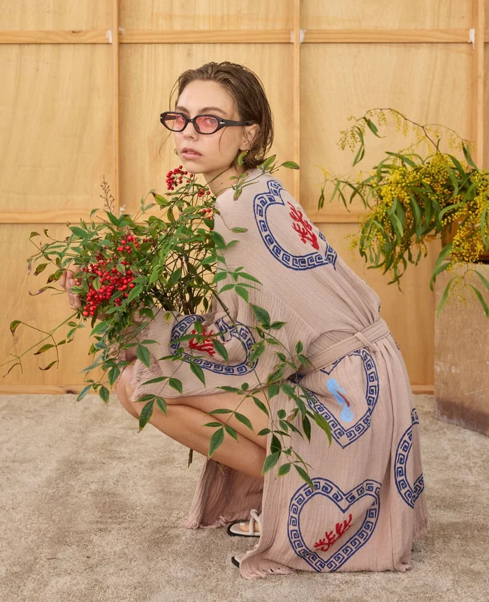 Tan Midi Robe Coral &amp; Seahorse