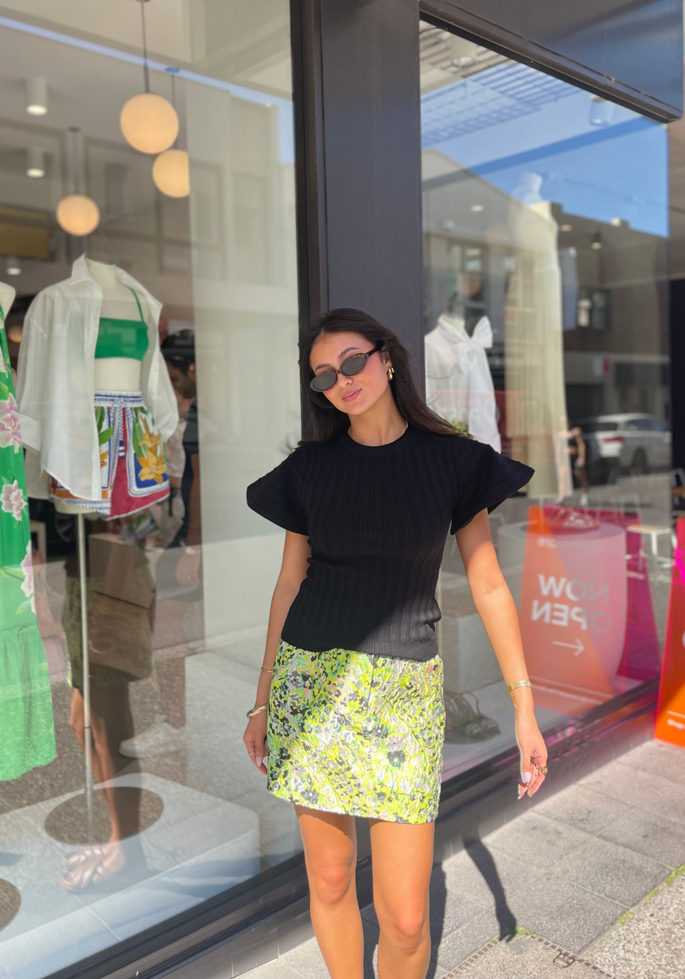 LIME GREEN, GREEN AND BLACK FLORAL-JACQUARD MINI SKIRT