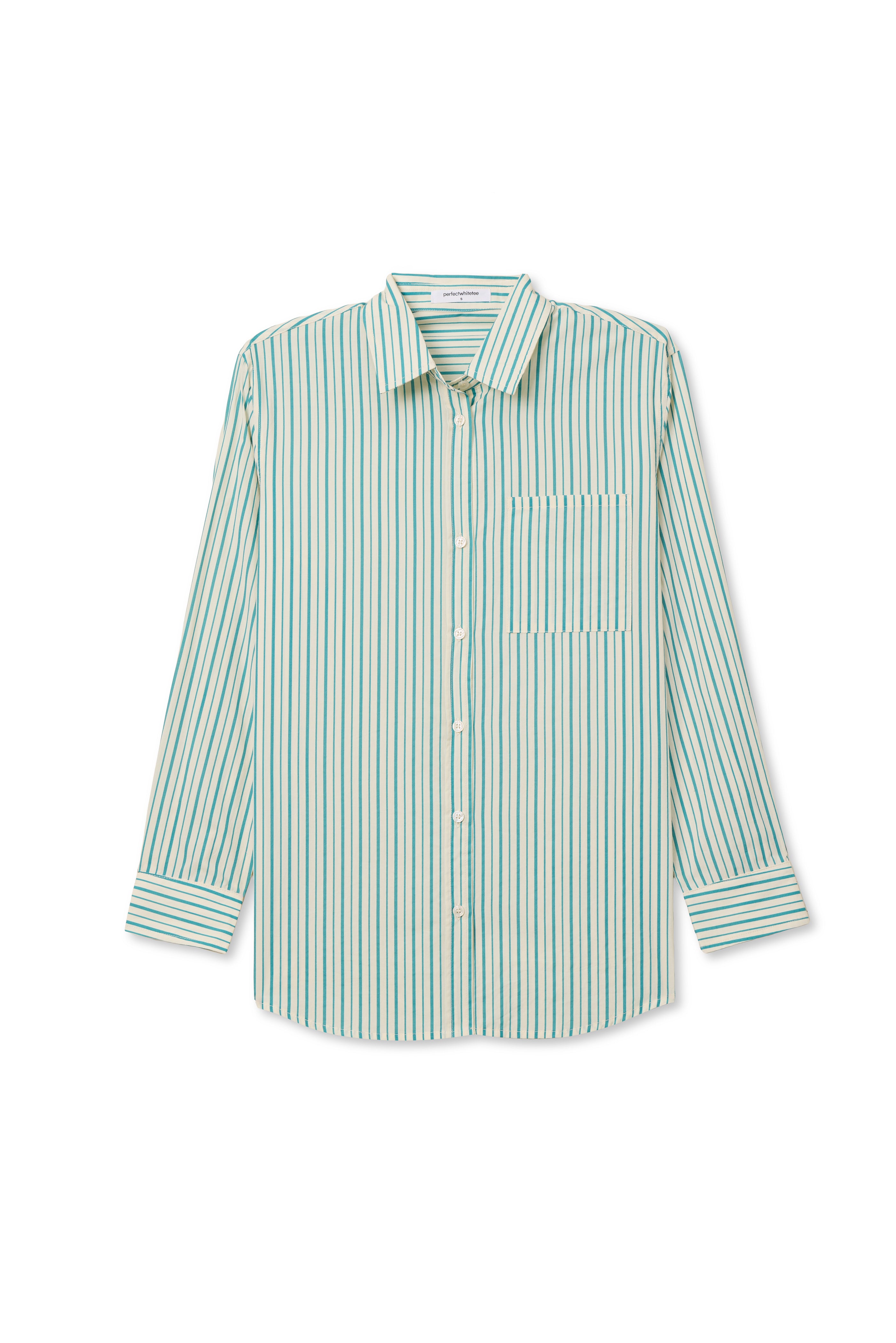 Perfect White Tee Avalon Cotton Poplin slim fit button down - Teal Blue Sugar Stripe