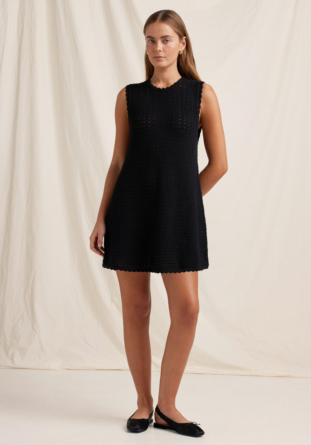 POINTELLE SHIFT MINI DRESS NOIR