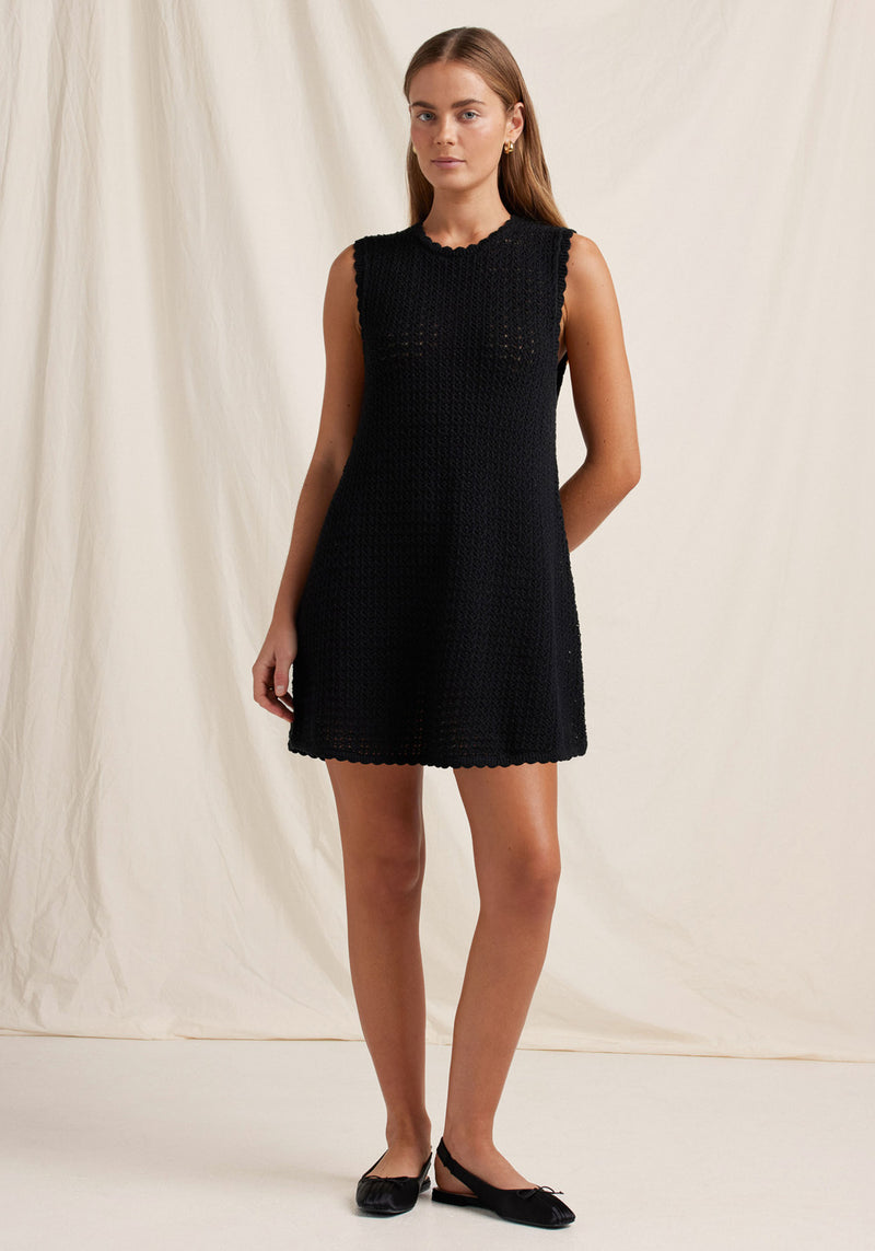 POINTELLE SHIFT MINI DRESS NOIR