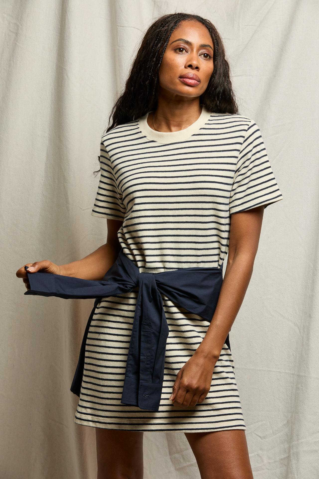 Perfectwhitetee Rhett Brushed Rugby Dress Navy Mini Stripe