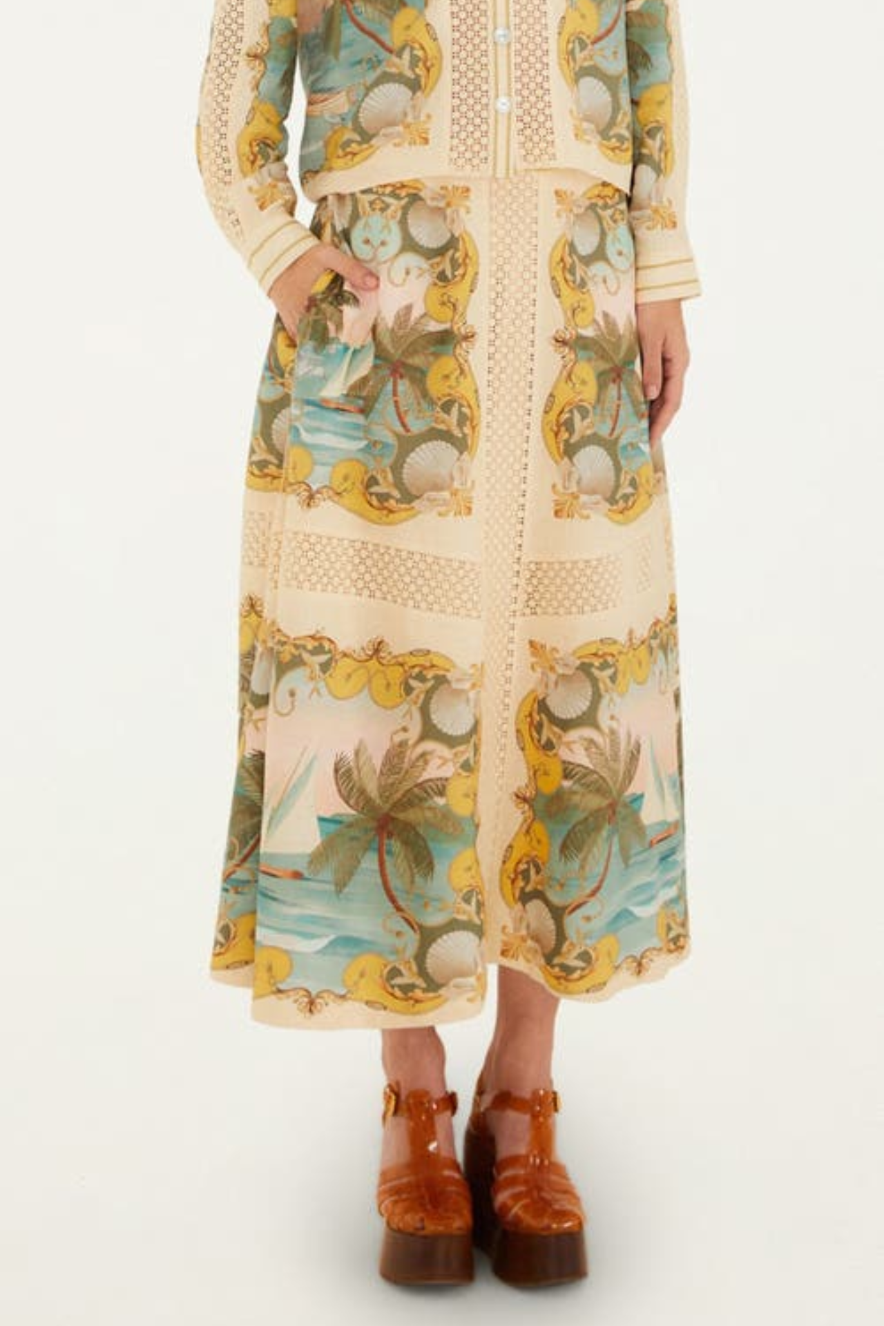 Royal Sea Multicolor Crochet Detail Midi Skirt