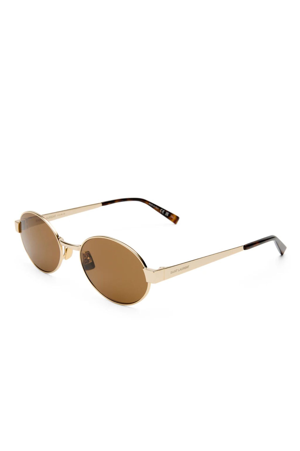 Gold-framed sunglasses with brown lenses on a white background