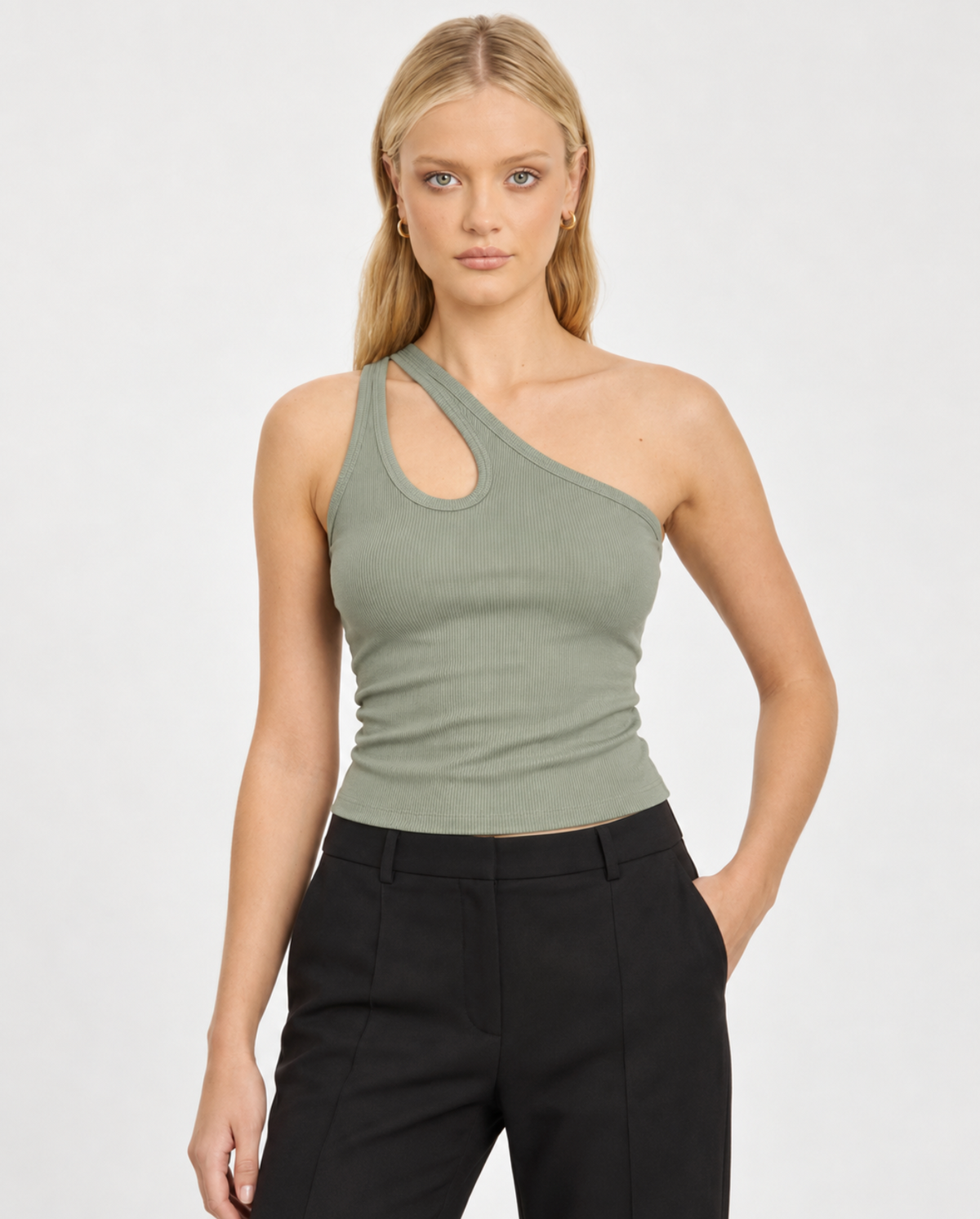 Chosen by Tuchuzy One Shoulder Key Hole Tank Sage