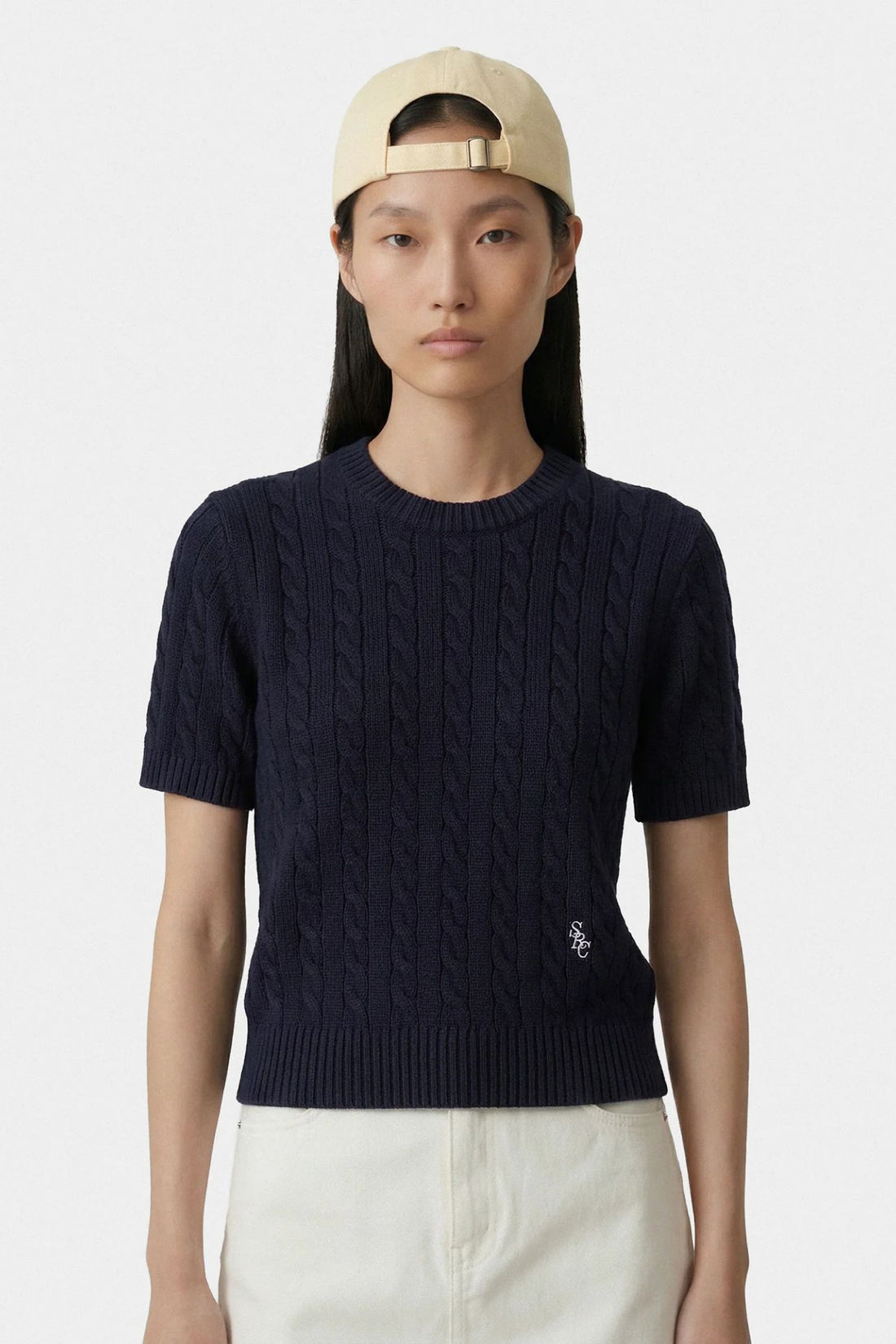 Sporty &amp; Rich SRC Cotton Cable Knit SS Sweater Dark Navy