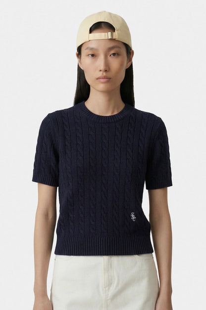 Sporty &amp; Rich SRC Cotton Cable Knit SS Sweater Dark Navy