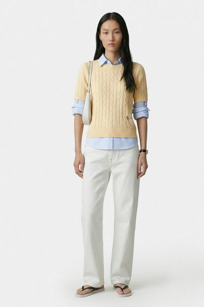 Sporty &amp; Rich SRC Cotton Cable Knit SS Sweater Almond