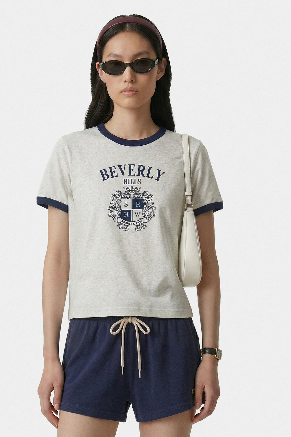 Sporty &amp; Rich BH Crest Soft Ringer Tee Heather Grey &amp; Dark Navy