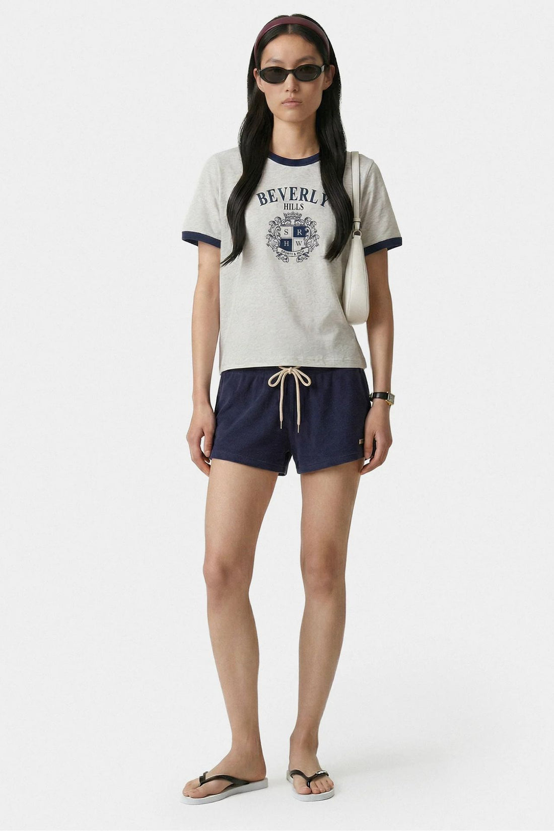 Sporty &amp; Rich BH Crest Soft Ringer Tee Heather Grey &amp; Dark Navy