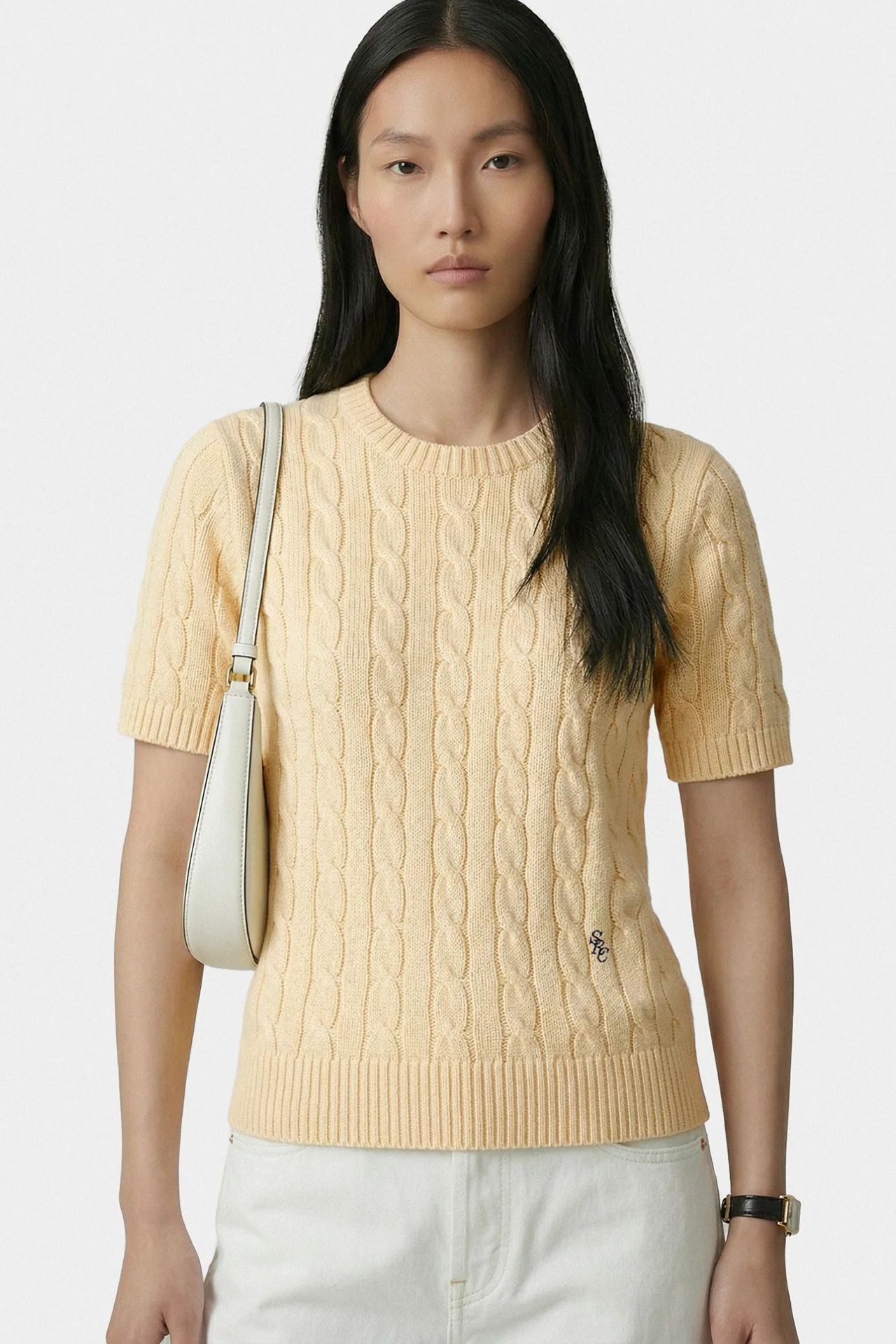 Sporty &amp; Rich SRC Cotton Cable Knit SS Sweater Almond