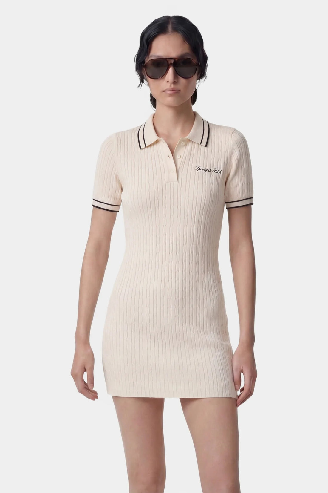 Sporty &amp; Rich Signature Logo Mini Cable Dress Ecru &amp; Navy